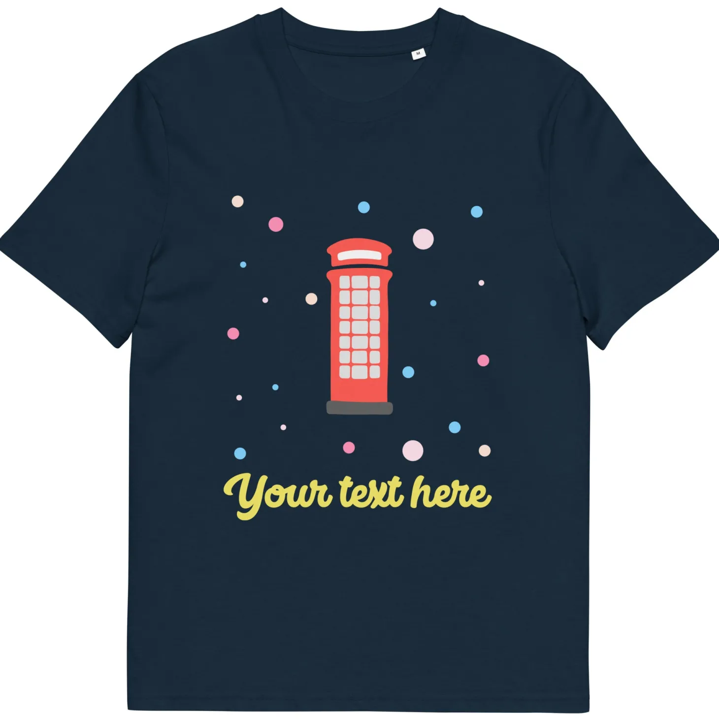 Flash Sale Personalised Custom Text - Organic Cotton Adults Unisex T-Shirt - London Doodles - Telephone Box Clothing | London Gifts