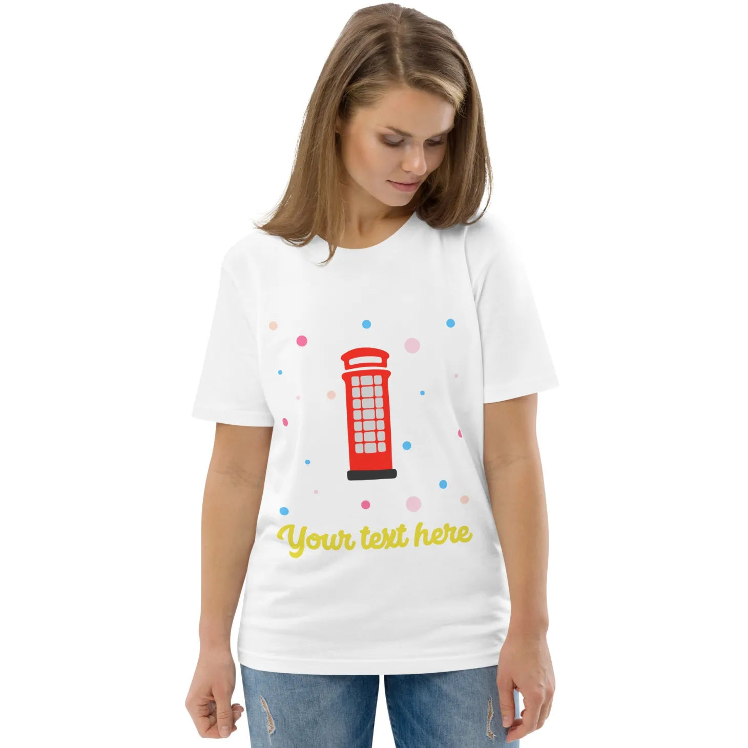 Flash Sale Personalised Custom Text - Organic Cotton Adults Unisex T-Shirt - London Doodles - Telephone Box Clothing | London Gifts