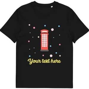 Flash Sale Personalised Custom Text - Organic Cotton Adults Unisex T-Shirt - London Doodles - Telephone Box Clothing | London Gifts