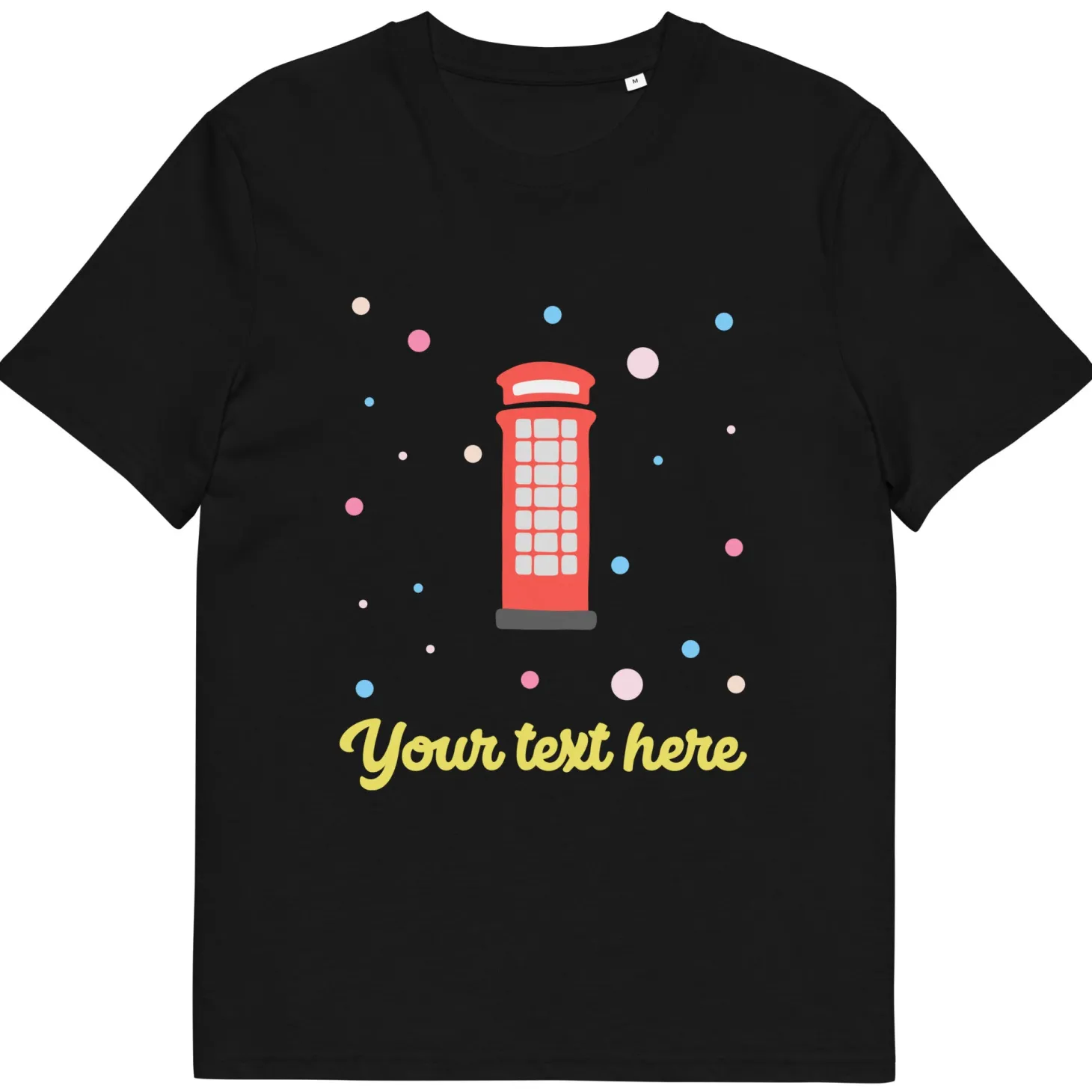 Flash Sale Personalised Custom Text - Organic Cotton Adults Unisex T-Shirt - London Doodles - Telephone Box Clothing | London Gifts