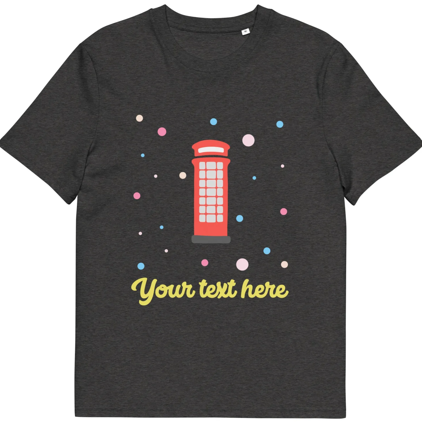 Flash Sale Personalised Custom Text - Organic Cotton Adults Unisex T-Shirt - London Doodles - Telephone Box Clothing | London Gifts