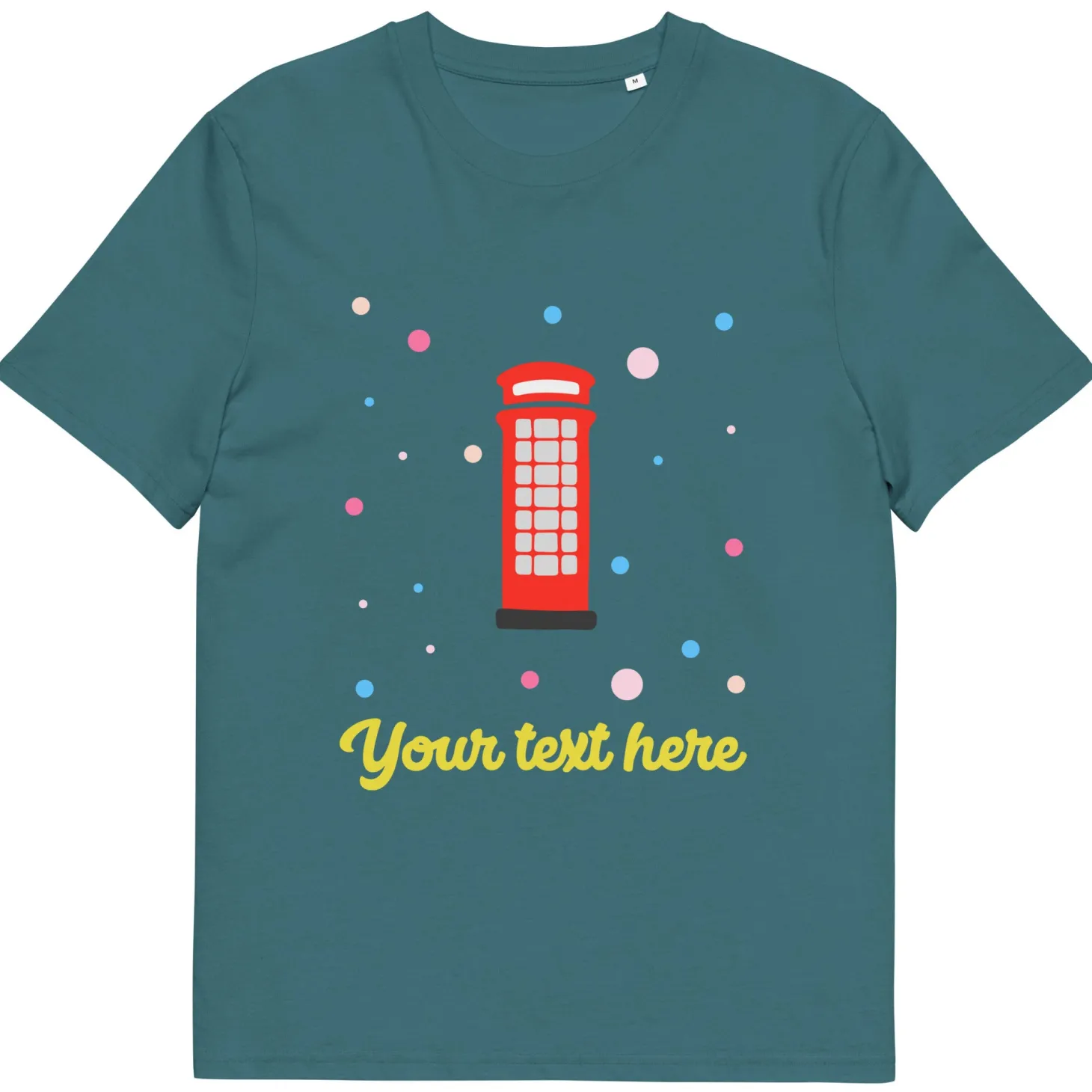 Flash Sale Personalised Custom Text - Organic Cotton Adults Unisex T-Shirt - London Doodles - Telephone Box Clothing | London Gifts
