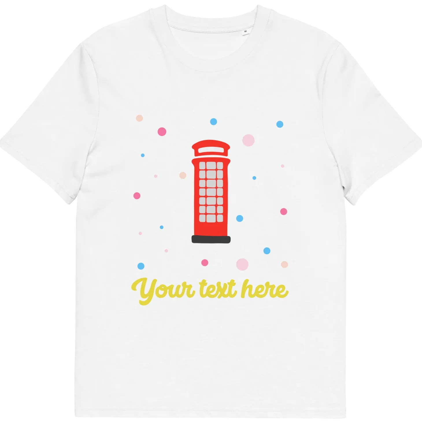 Flash Sale Personalised Custom Text - Organic Cotton Adults Unisex T-Shirt - London Doodles - Telephone Box Clothing | London Gifts