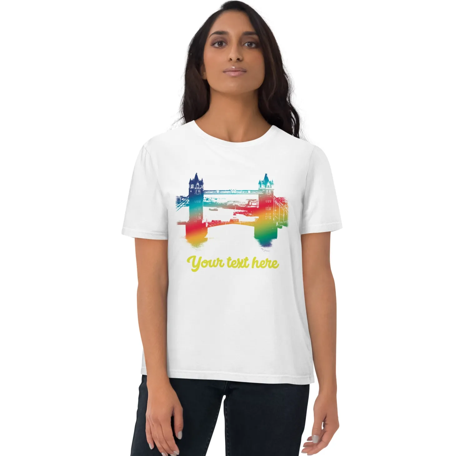 personalised_custom_text__tower_bridge_rainbow__organic_cotton_tshirt_10.webp Online Personalised Custom Text - Tower Bridge Rainbow - Organic Cotton T-Shirt Clothing | Tower Bridge Gifts