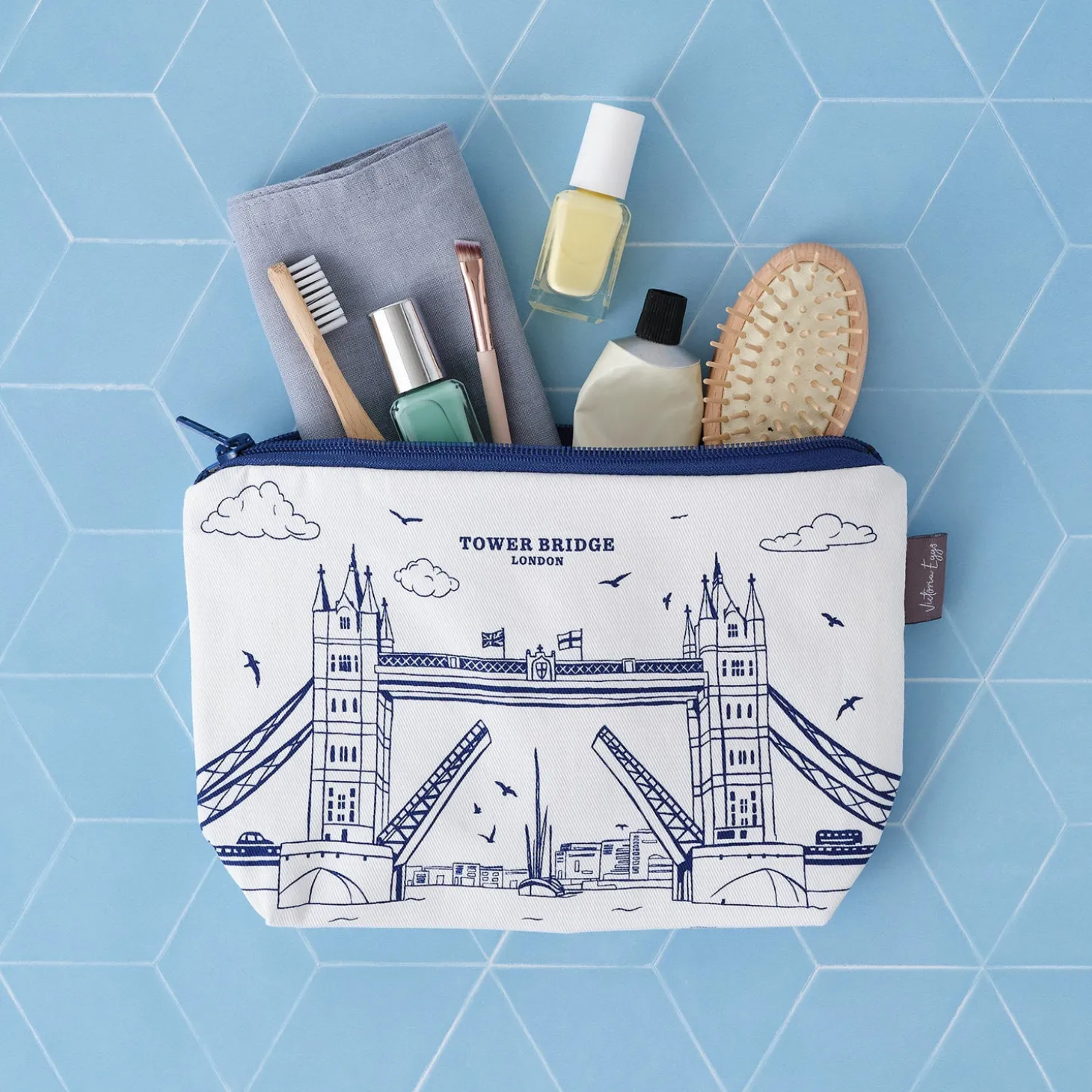 tower_bridge_cosmetic_bag_by_victoria_eggs_1.webp Store Tower Bridge Cosmetic Bag by Victoria Eggs Makeup Bags | Bags