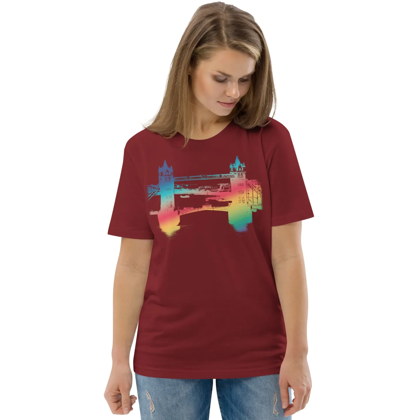 tower_bridge_rainbow__organic_cotton_tshirt_6.webp Discount Tower Bridge Rainbow - Organic Cotton T-Shirt Clothing | Tower Bridge Gifts