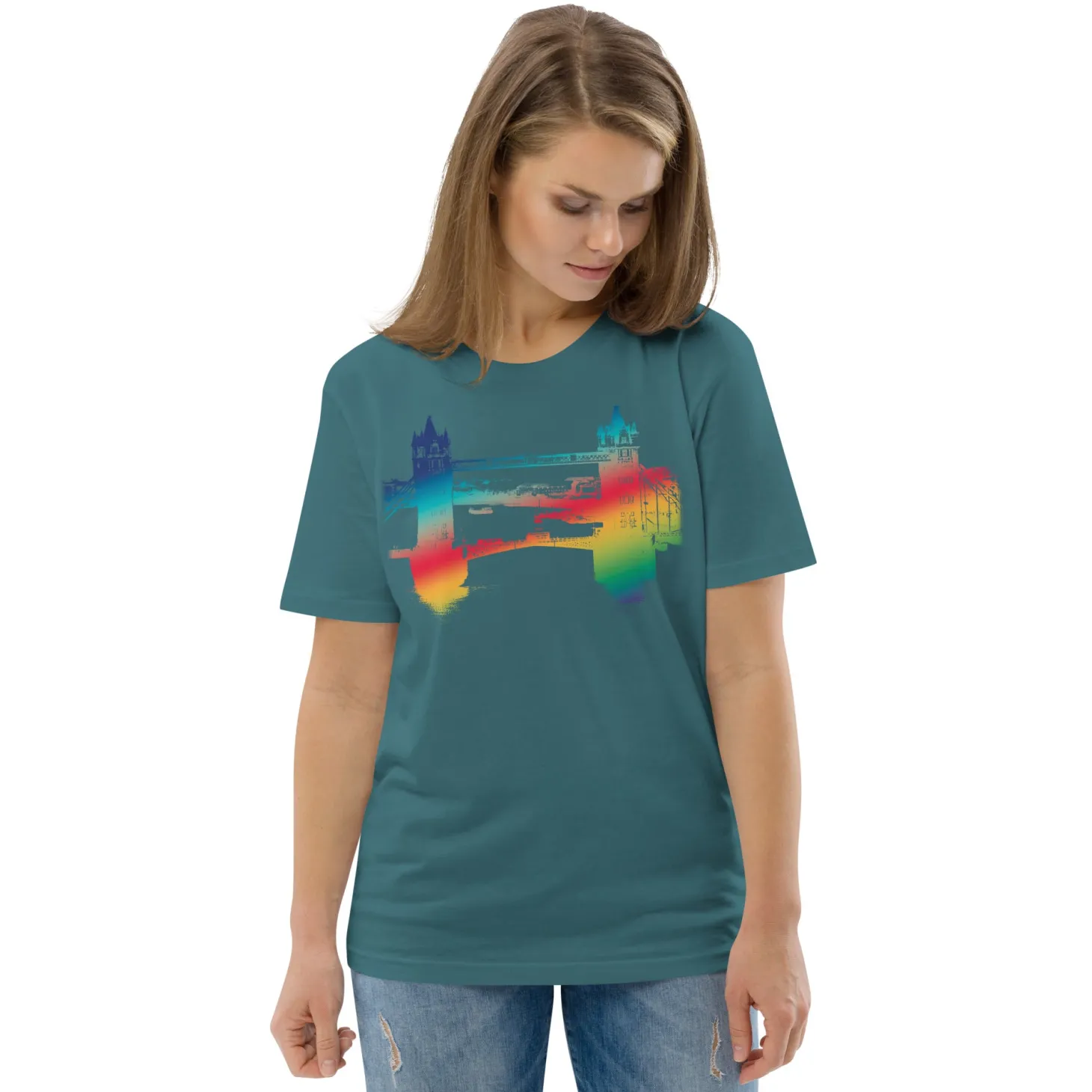 tower_bridge_rainbow__organic_cotton_tshirt_8.webp Discount Tower Bridge Rainbow - Organic Cotton T-Shirt Clothing | Tower Bridge Gifts